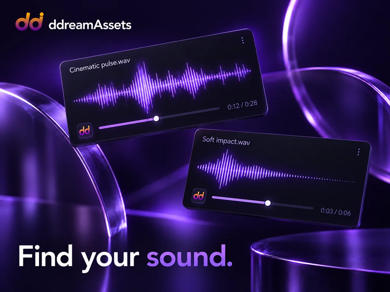 Stylized ddreamAssets audio cards with purple waveforms