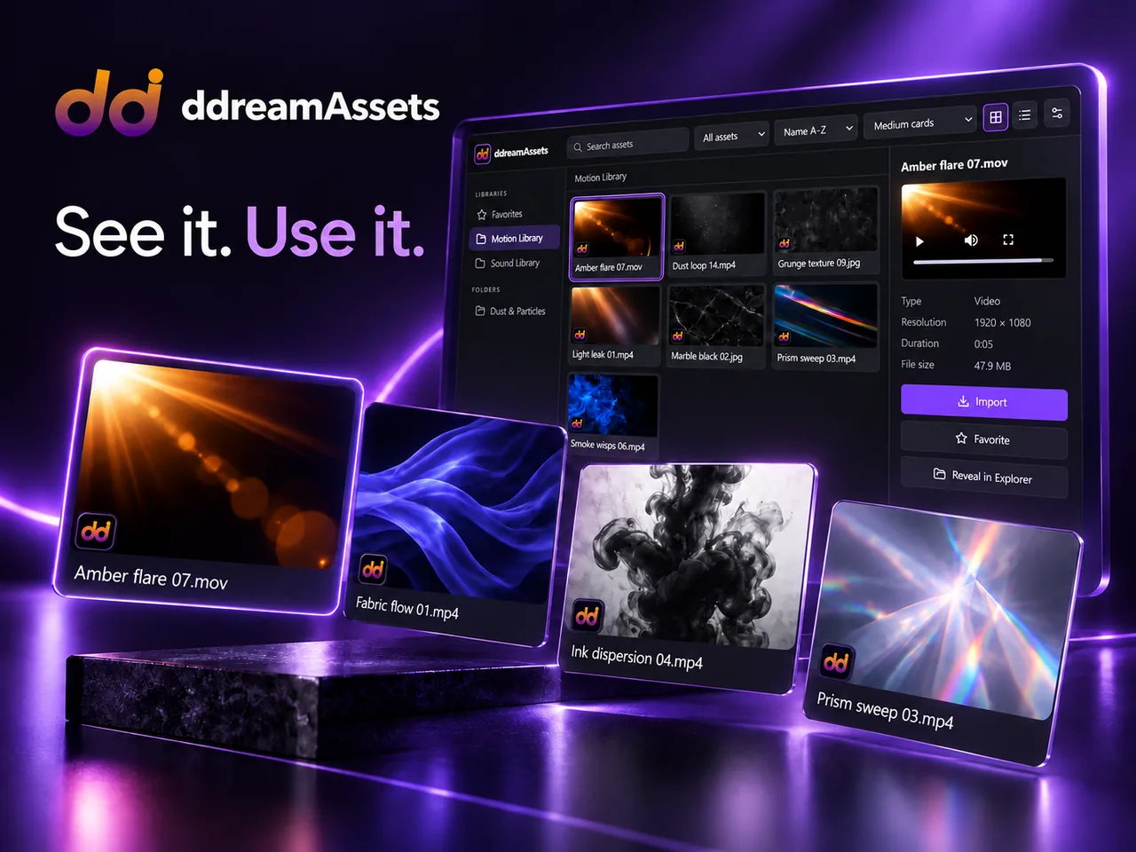 ddreamAssets video preview and import workflow illustration